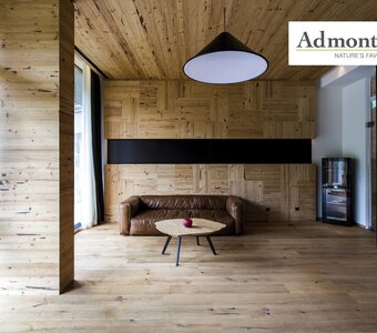 Holzverkleideter Raum mit Couch